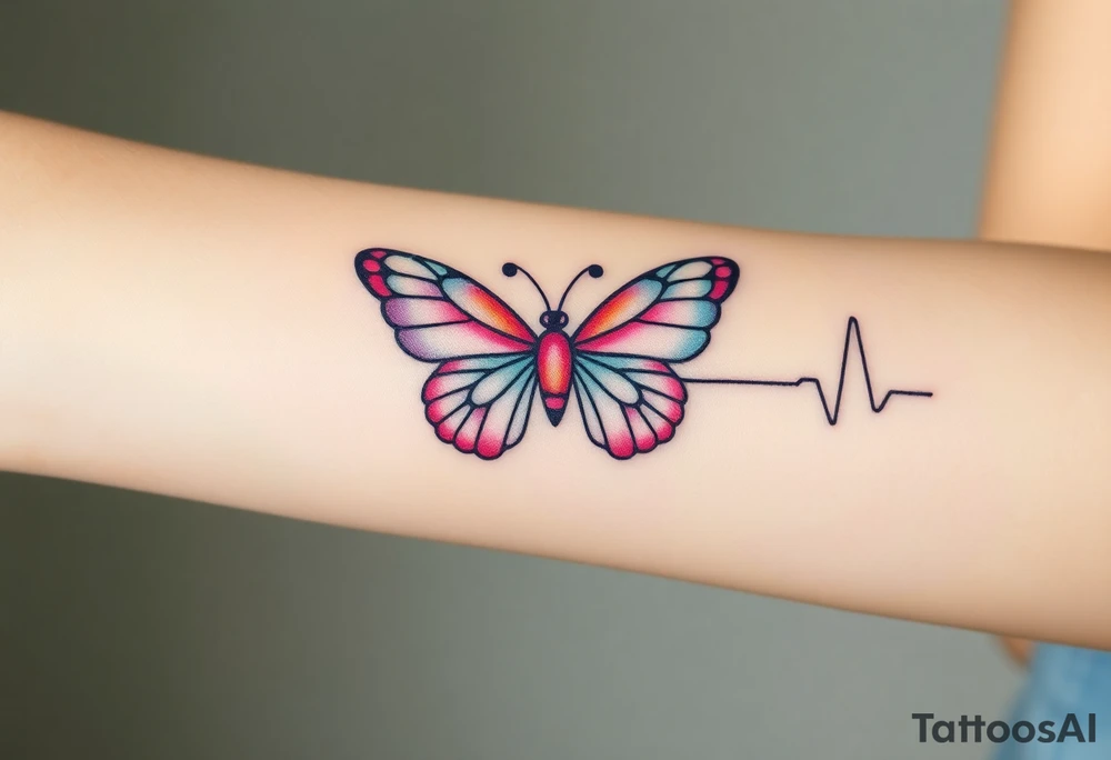 A heartbeat line transforming into a butterfly, with delicate wings painted in pastel pinks and blues, symbolizing transformation and love. tattoo idea