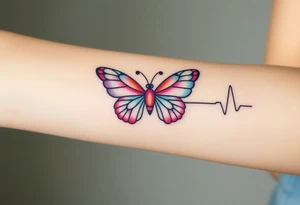 A heartbeat line transforming into a butterfly, with delicate wings painted in pastel pinks and blues, symbolizing transformation and love. tattoo idea