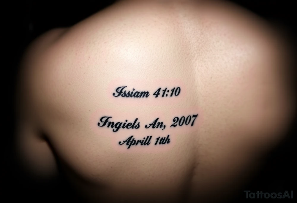 Leg tattoo that has the Bible verse Isaiah 41:10 and has Roman numerals for April 15th 2007 tattoo idea