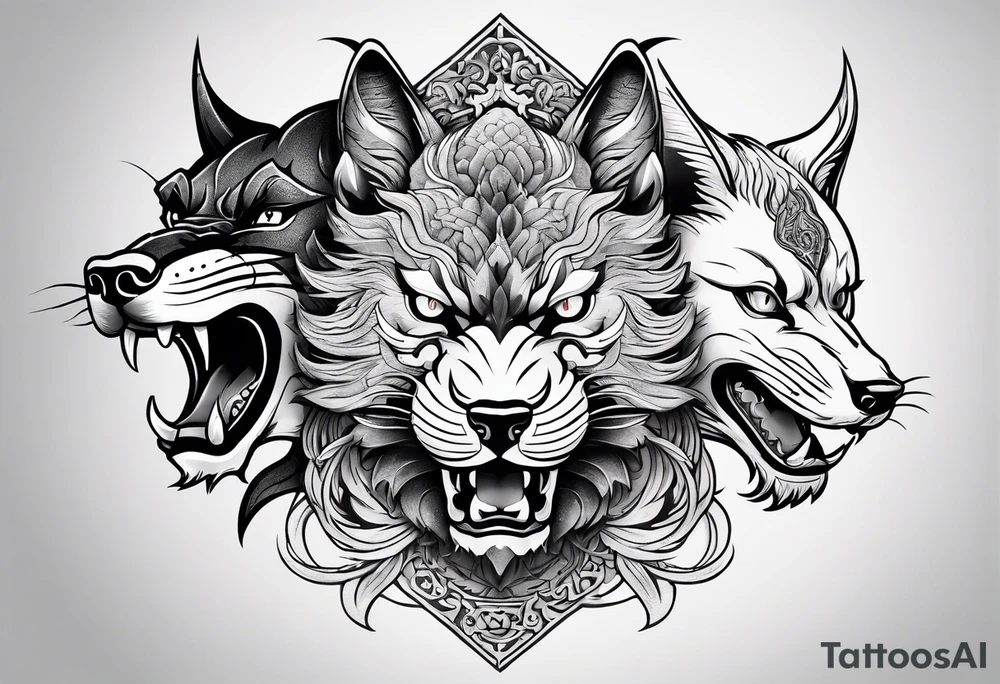 three animal heads merged: 

1. A chinese dragons head (on the left)
2. A Feline cats head(in the middle)
3. A Wolves Head (on the right) tattoo idea