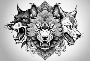three animal heads merged: 

1. A chinese dragons head (on the left)
2. A Feline cats head(in the middle)
3. A Wolves Head (on the right) tattoo idea