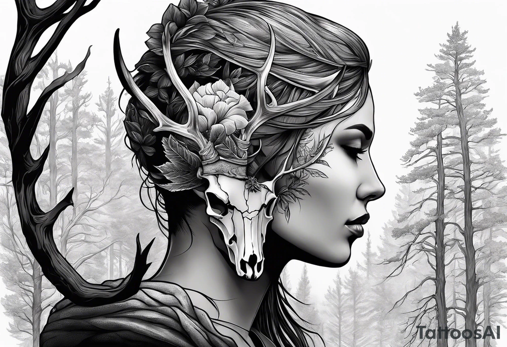 A side profile of a human with a deer skull head, forest fire tattoo idea