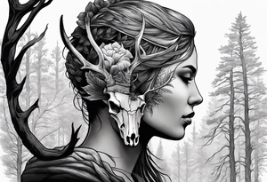 A side profile of a human with a deer skull head, forest fire tattoo idea