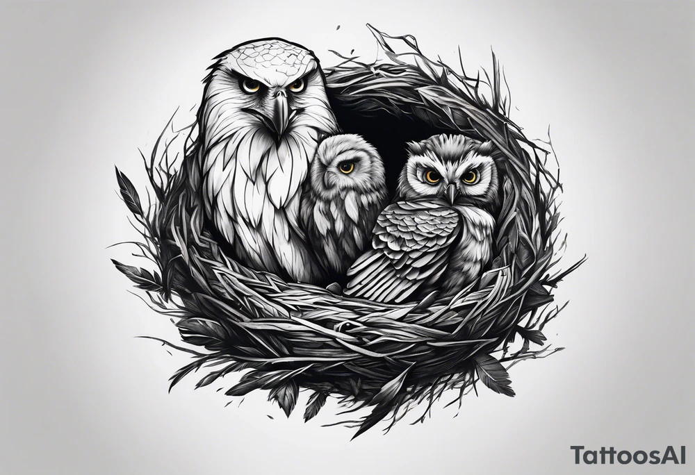 Owl, raven, eagle cuddled in a nest, looking down into the nest tattoo idea