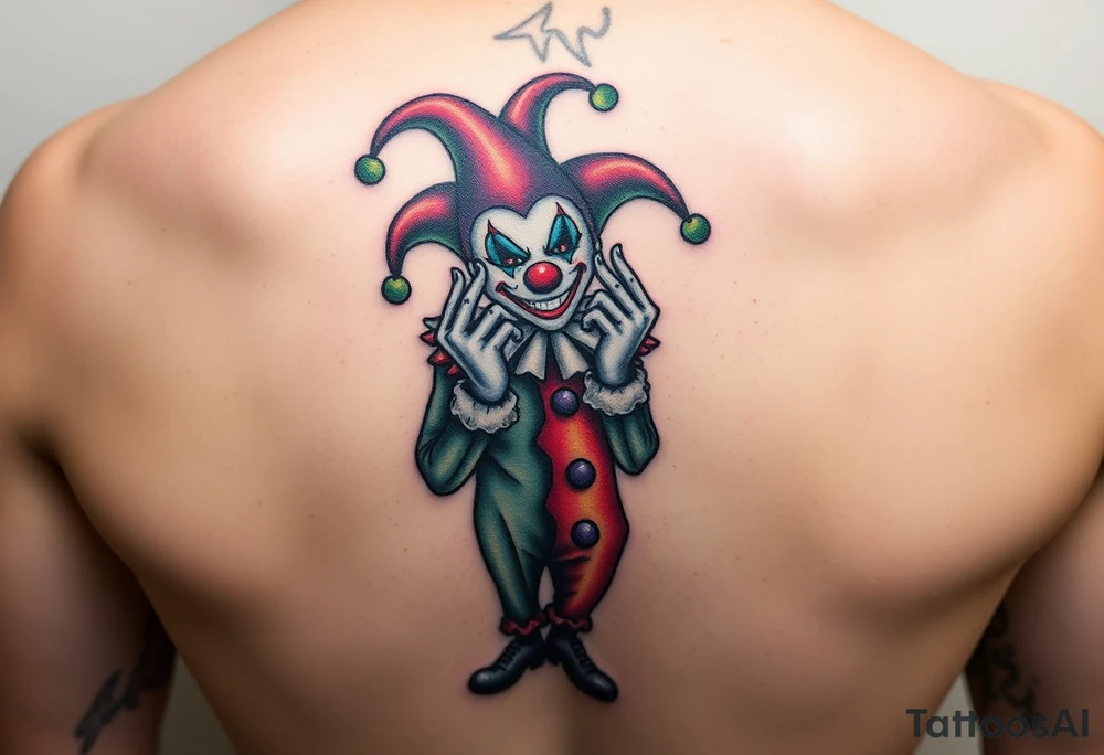 jester clown standing behind partner holding cheeks up to smile tattoo idea