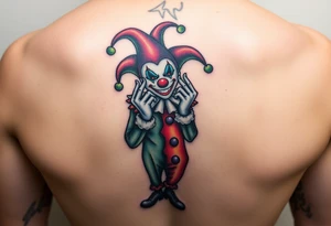 jester clown standing behind partner holding cheeks up to smile tattoo idea