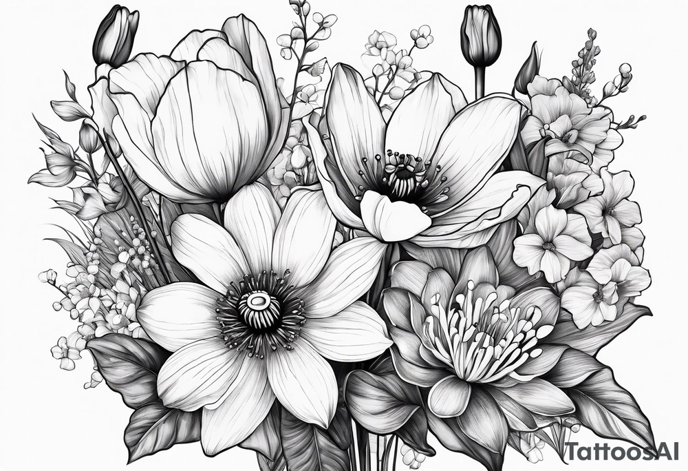 Poppy, water lily, Lily of the valley, daffodil, cosmo flower bouquet, portrait style tattoo idea