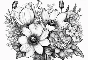 Poppy, water lily, Lily of the valley, daffodil, cosmo flower bouquet, portrait style tattoo idea