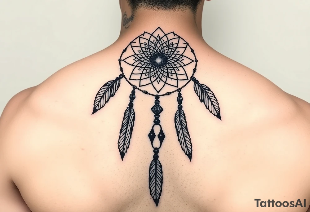 native dreamcatcher with flowing feathers and sacred beads tattoo idea