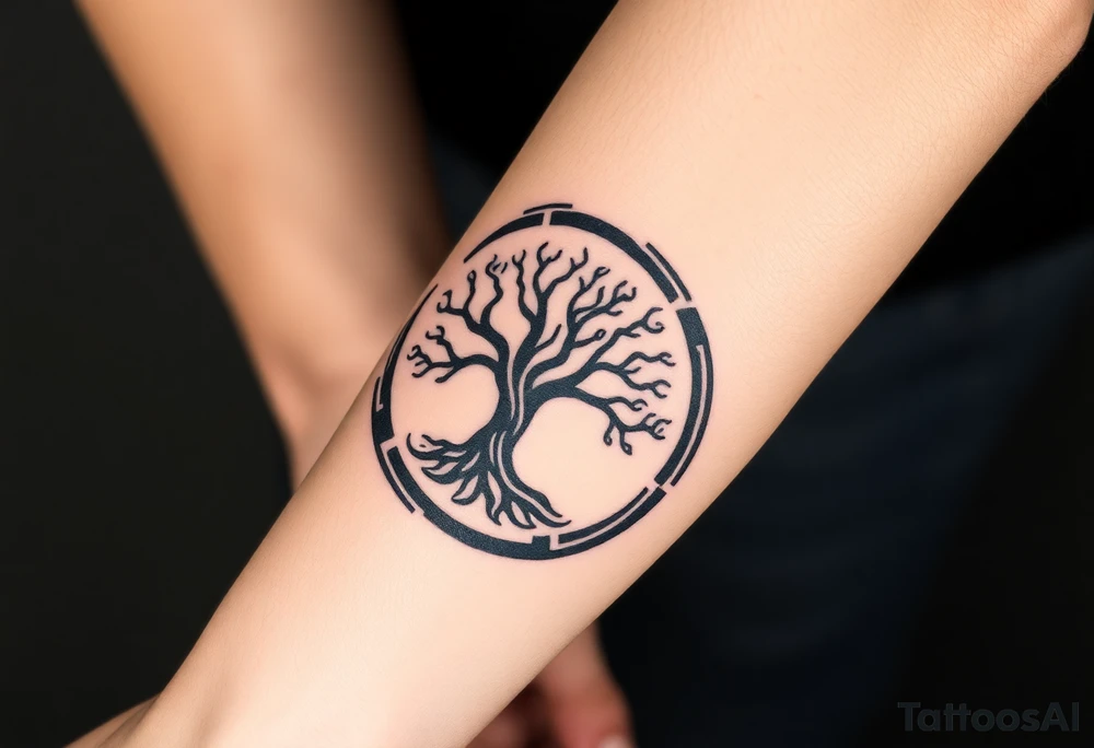 Tree encircled in a spiral circle tattoo idea