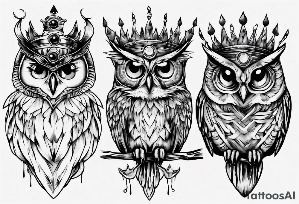 Wise Crowned Owl with the third eye and the Dark Moon. tattoo idea