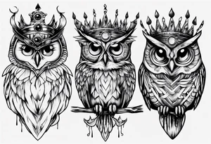 Wise Crowned Owl with the third eye and the Dark Moon. tattoo idea