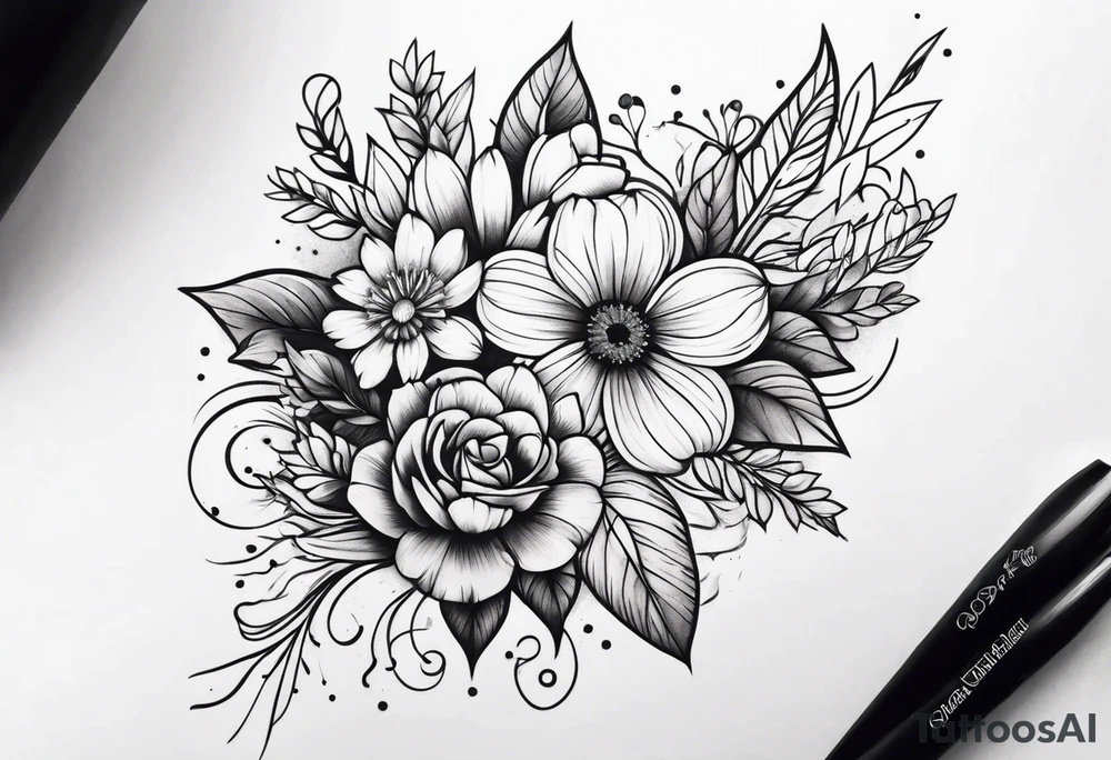 Flower bouquet on outer upper arm tattoo idea