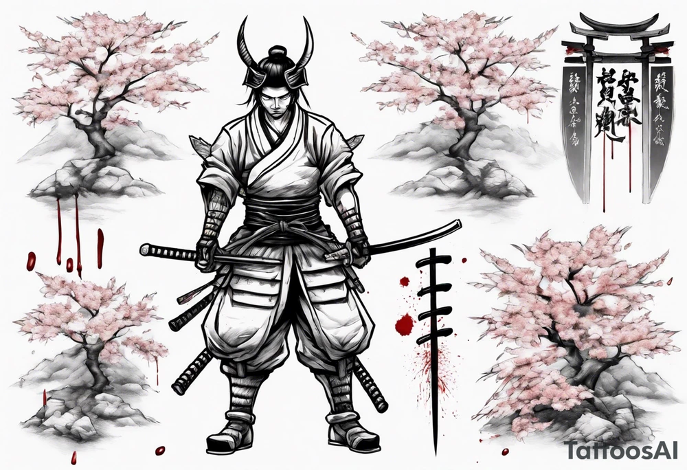 A samurai standing with his back among swords, he has a hole in his back and where the blood came from he saw sakura leaves tattoo idea