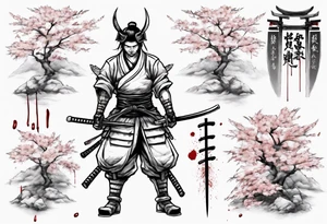 A samurai standing with his back among swords, he has a hole in his back and where the blood came from he saw sakura leaves tattoo idea