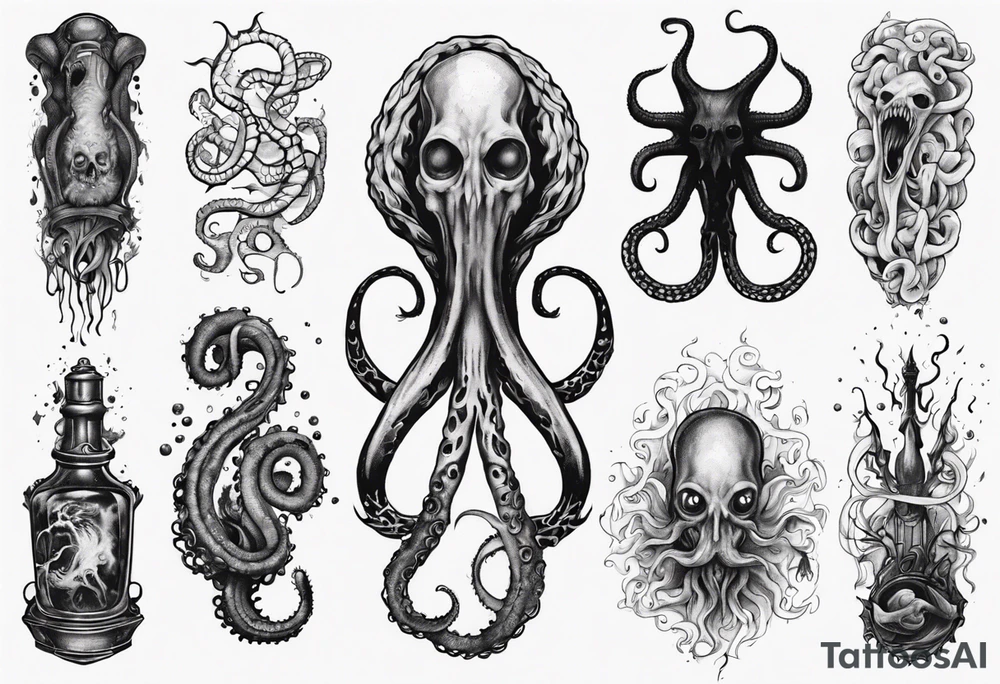 lovecraft mythe long tattoo
with lot of tentacle for forearm and hand
crazy tattoo idea