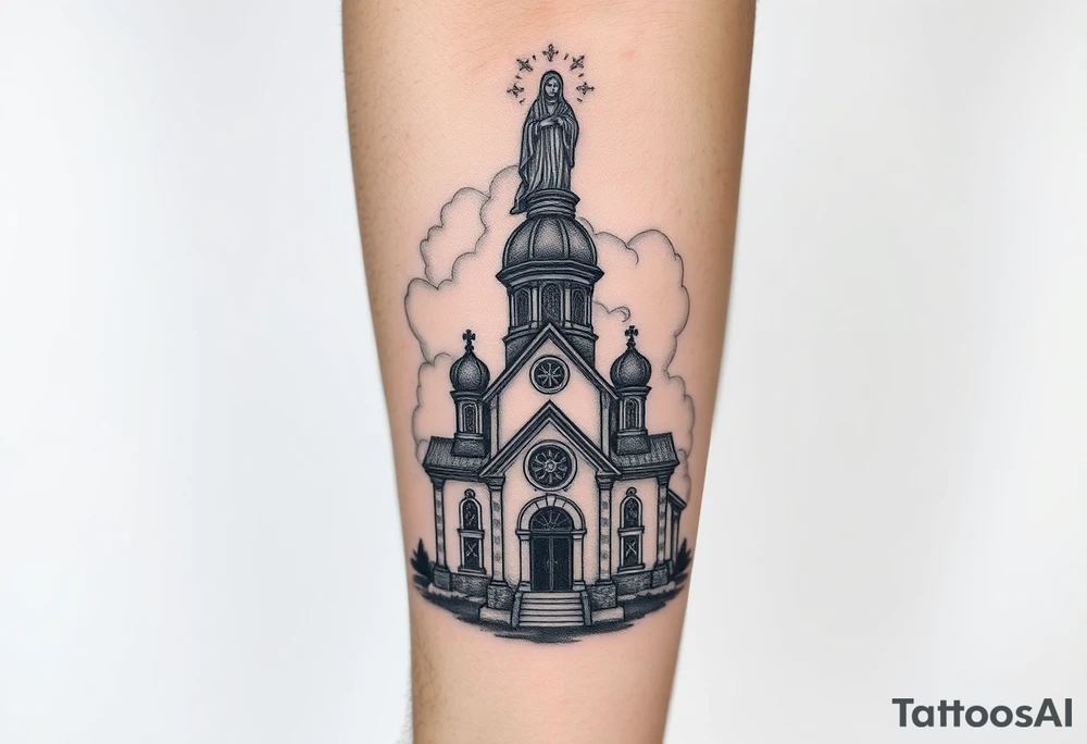 in a dorsal view a detailed orthodox church shrouded with a mist above and fading into a virgin mary overlooking above at the top tattoo idea