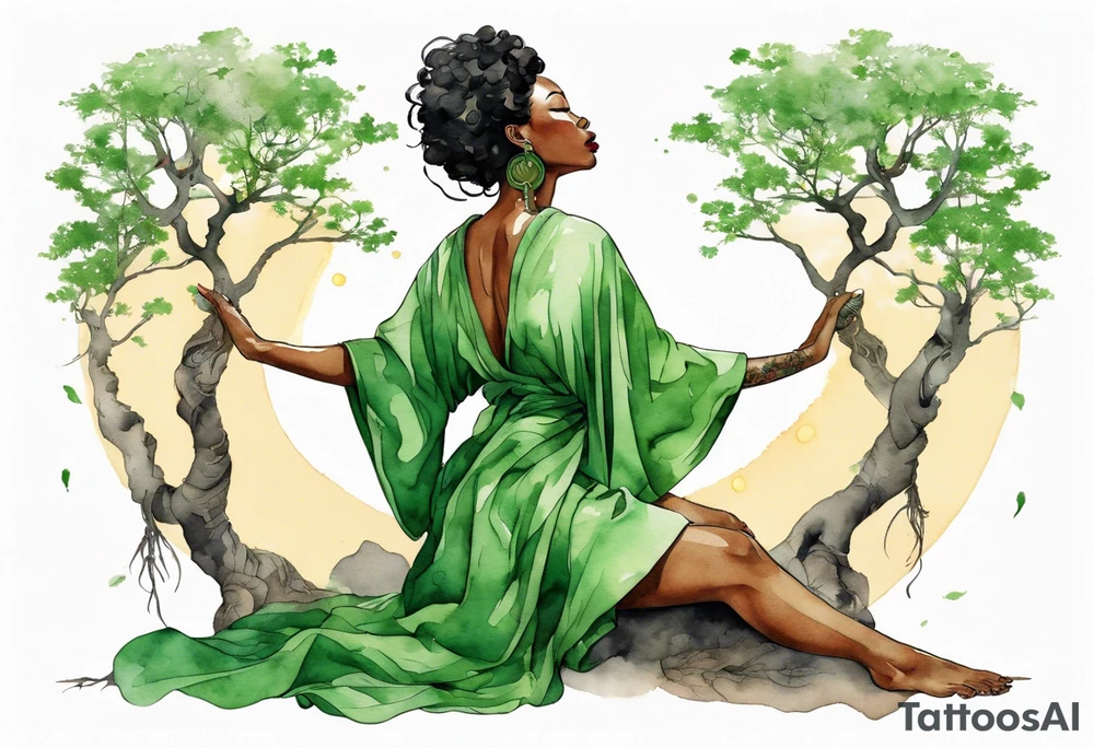 a beautiful black woman wearing a green robe with tree roots for feet, arms reaching up towards the sun tattoo idea