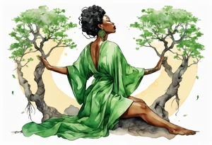 a beautiful black woman wearing a green robe with tree roots for feet, arms reaching up towards the sun tattoo idea