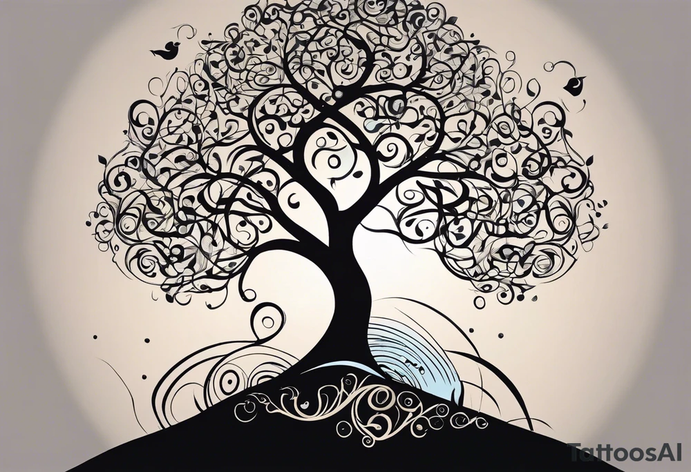 A tattoo design that incorporates the following elements: an abstract tree of life that has roots emerging  from the ground. Waves of water encapsulate the tree and wind around it in an organic way.  Incorporate music.   the letters U and A are overlapping and engraved into the tree. a golf ball incorporated but not prominent. tattoo idea