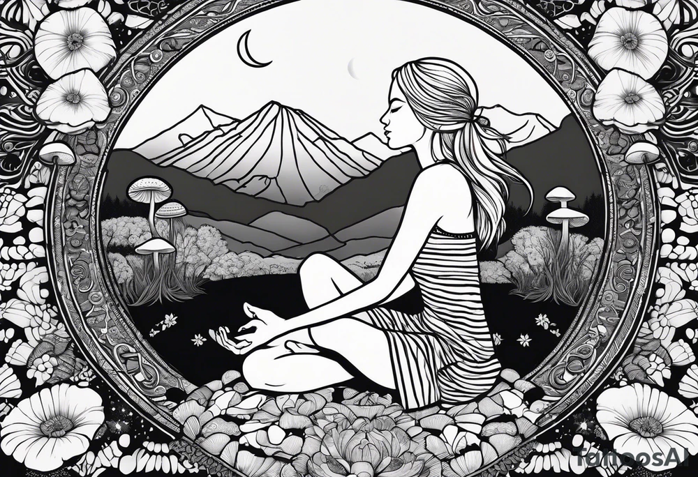 Straight blonde hair girl meditating facing away toward mountains surrounded by mushrooms crescent moon mandala circular design black and white striped dress tattoo idea
