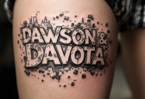 Dawson and Dakota spelled with legos and trucks with backgrounds tattoo idea