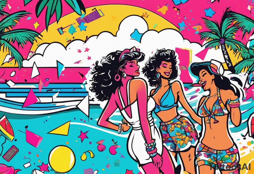 1980's miami vice style beach dance 
party, include confetti, music notes, boom box, bikinis tattoo idea