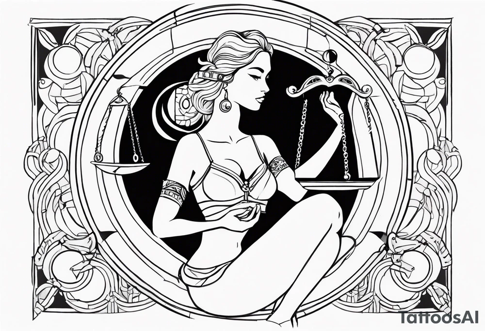 Libra woman holding scales with a night zodiac background including a half moon that encircles half of the woman with vibrant colors tattoo idea
