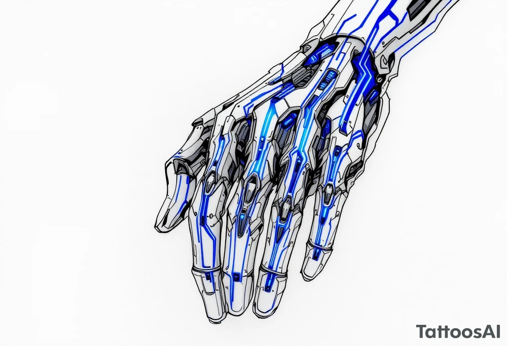 A futuristic biomechanical hand design with sapphire-blue lines tracing each finger like circuits. tattoo idea