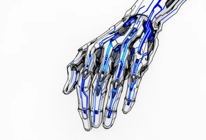 A futuristic biomechanical hand design with sapphire-blue lines tracing each finger like circuits. tattoo idea
