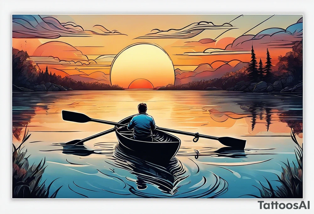 A man rowing in a boat through the water into the sunset tattoo idea
