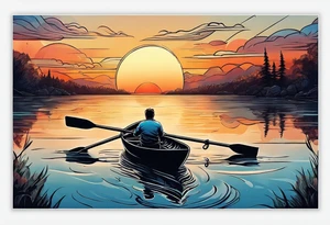 A man rowing in a boat through the water into the sunset tattoo idea