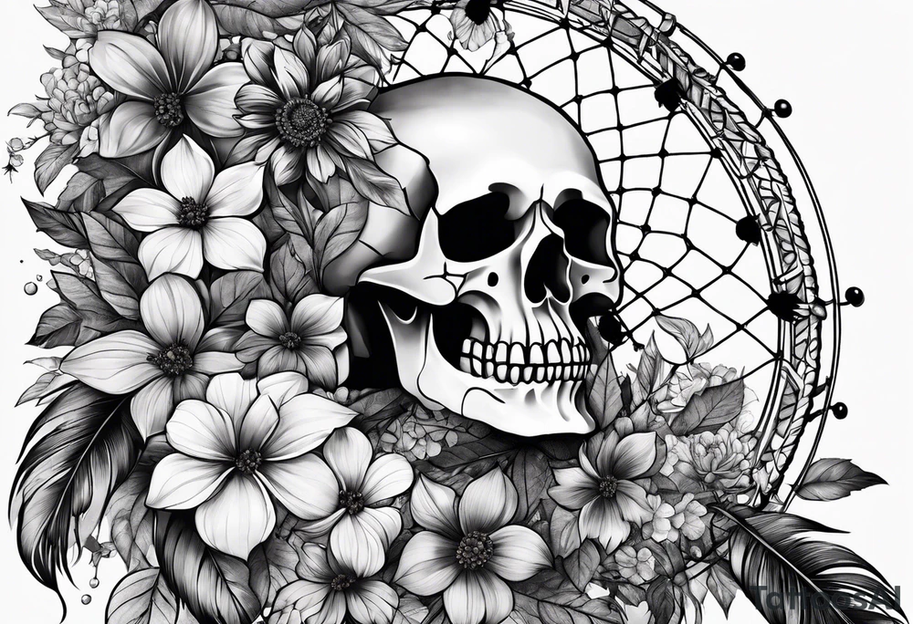 Dream catcher made of skulls with black flowers tattoo idea