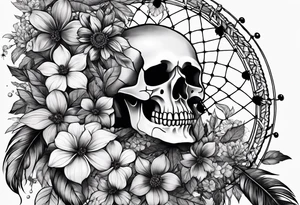 Dream catcher made of skulls with black flowers tattoo idea