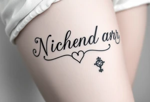 Cursive font writing with creative swirls running with the letters spelling Nicholas Carr. With a fancy heart and key in it at the end.  Nicholas Carr tattoo idea