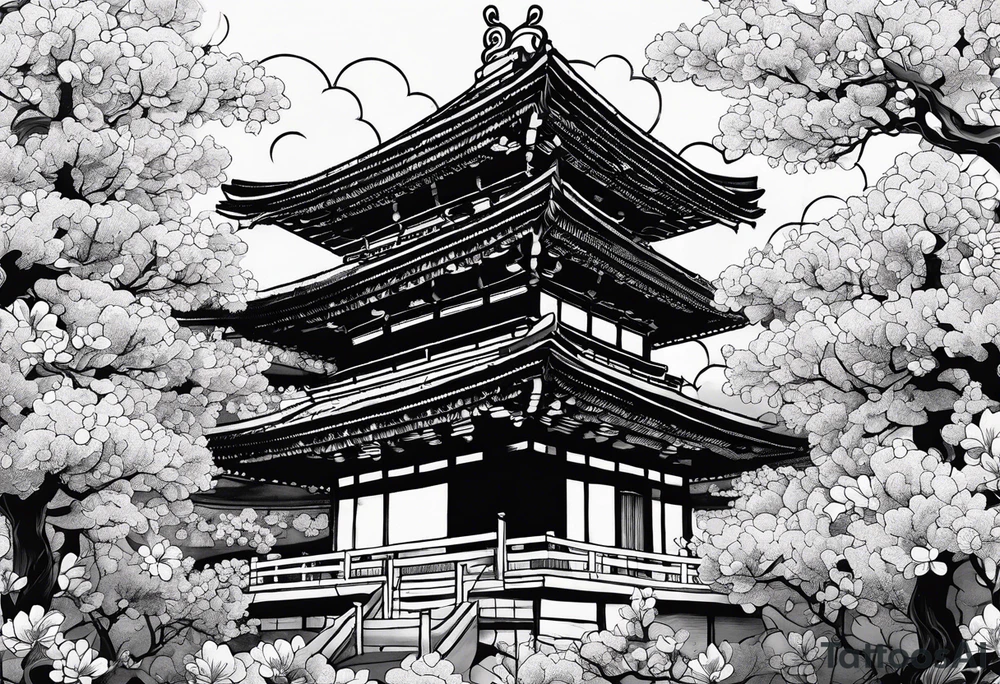 Cherry blossom leaves surrounding a japanese temple tattoo idea
