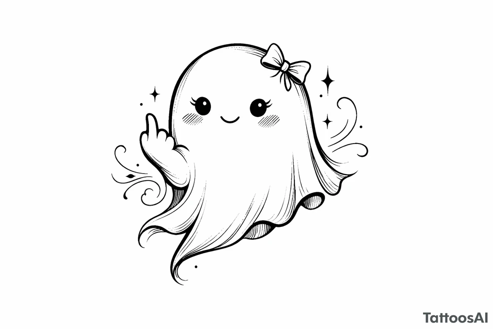 Cute ghost with a tiny bow in its hair, flipping the bird, playful tattoo. tattoo idea
