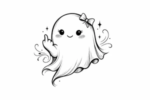 Cute ghost with a tiny bow in its hair, flipping the bird, playful tattoo. tattoo idea