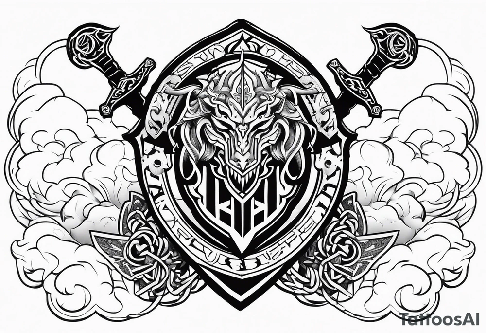 Valhalla sword fire chains shield clouds tattoo idea