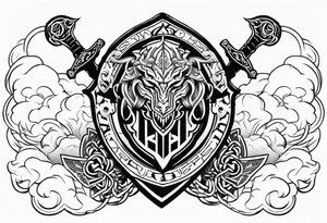 Valhalla sword  fire chains shield clouds tattoo idea