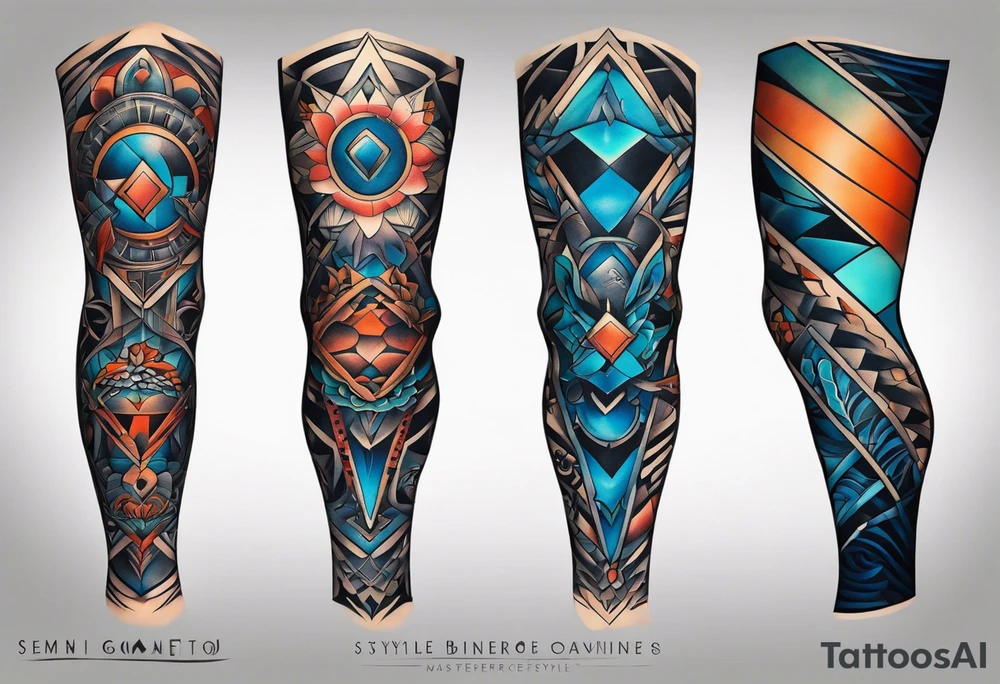 semi Detailed neo traditional knee tattoo flat on paper. The tattoo features geometric patterns and bold lines, creating a visually striking design with slight tints of deep fall colors. outside the tattoo features deep blues washes and water swirls tattoo idea