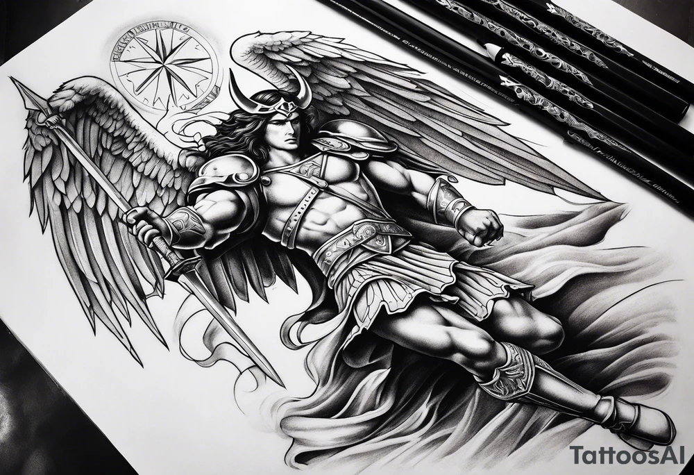 Arm sleeve of St Michael killing the devil tattoo idea