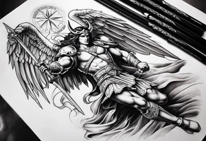 Arm sleeve of St Michael killing the devil tattoo idea