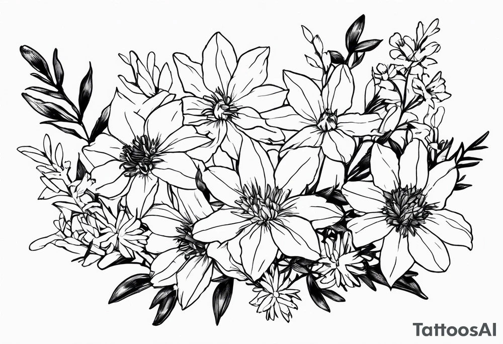 Larkspur and aster bouquet tattoo idea