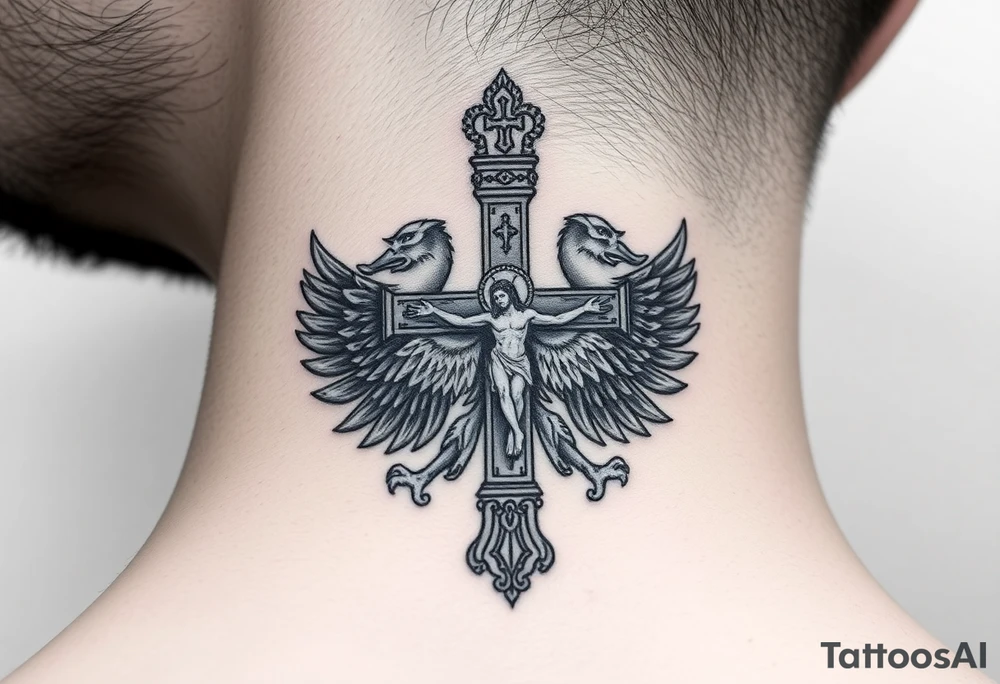 Traditional orthodox ICXC Christian cross with Jesus Christ on the cross also with the foot rest part of the cross in a Russian double headed eagle Kremlin setting tattoo idea