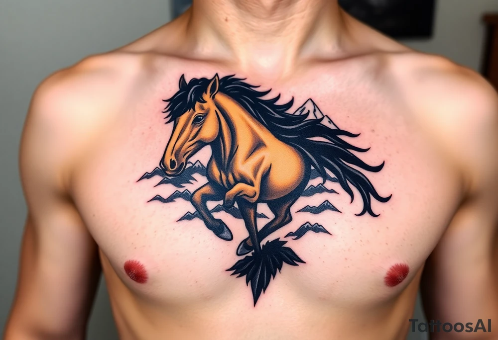 A golden mustang horse with black mane and leg. The mountains and nature should frame the design, blending with the horse's black fur as a base to represent the landscape. Experiment with using the black fur to shape the mountains, playing with edges or interior details. tattoo idea