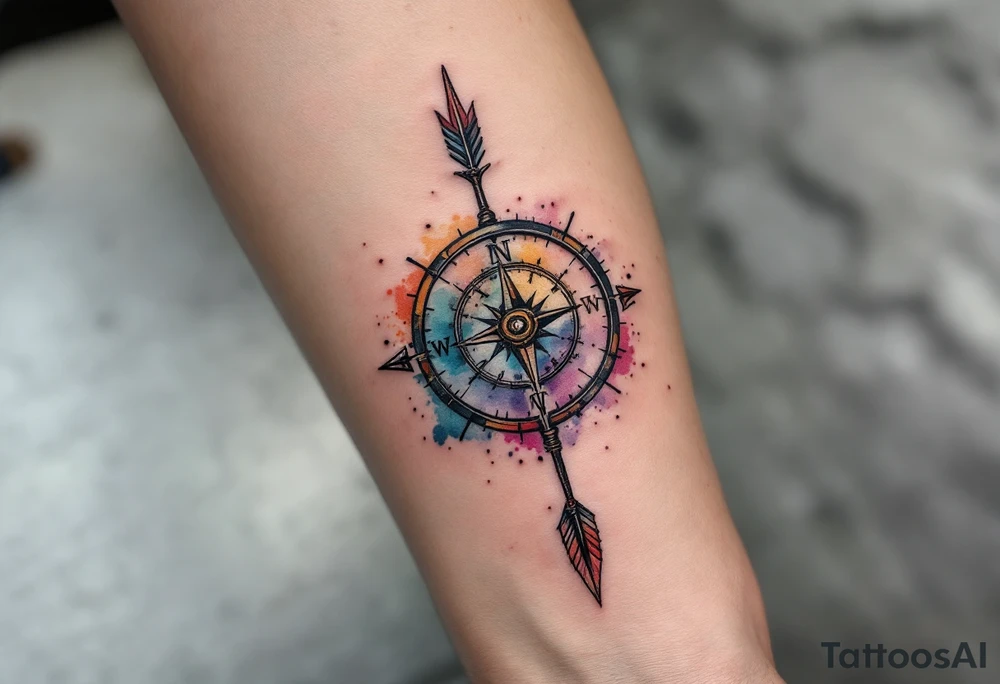 Rustic half compass half clock with and long native American arrow pointing at my wrist with the words “True North” tattoo idea