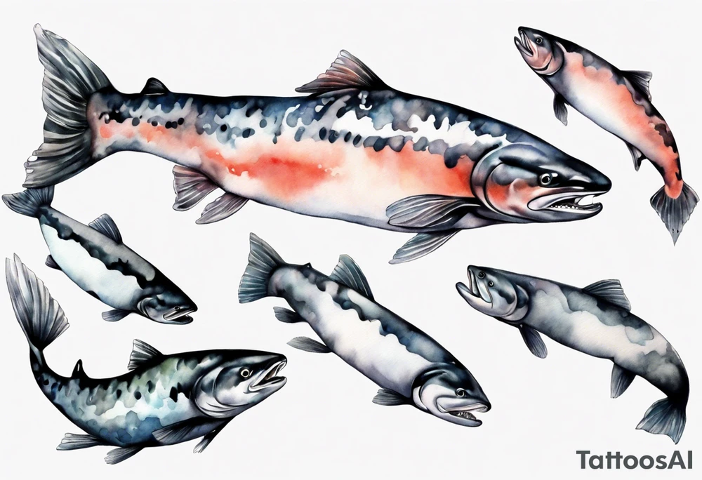 realistic salmon in grey water tattoo idea