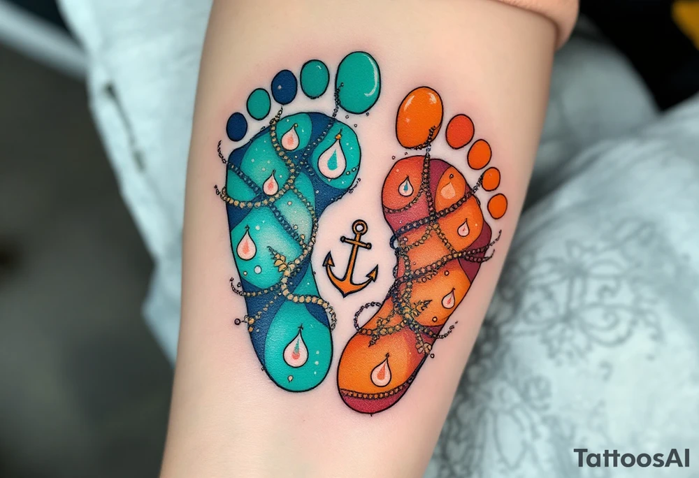Bright teal and orange footprints of Václav, with a small anchor beside them, symbolizing his strength and stability. tattoo idea