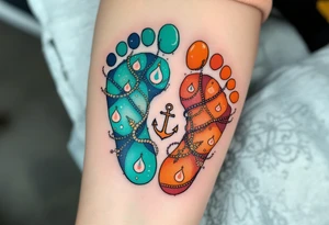 Bright teal and orange footprints of Václav, with a small anchor beside them, symbolizing his strength and stability. tattoo idea